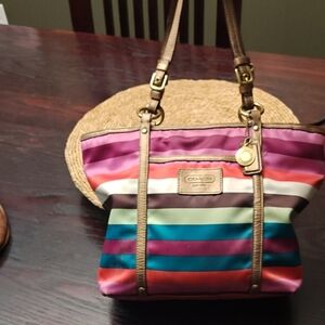 Coach Vibrant Striped Satin And Bronze Leather Tote Bag Y2K
